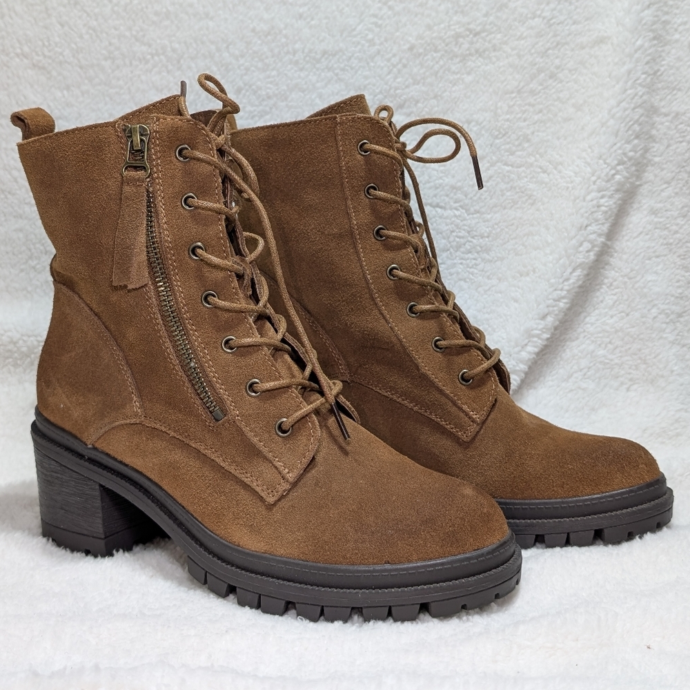 Wild Diva Women's 8 Brown Cowhide Suede Leather Zip Lace-Up Block Heel Boot